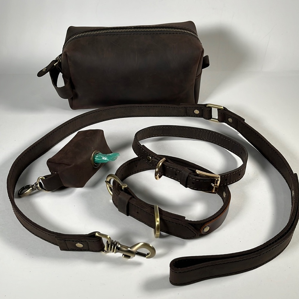 New Natural Brown Genuine Leather Dog Collar poop Bag Spare leash Accessory Bag